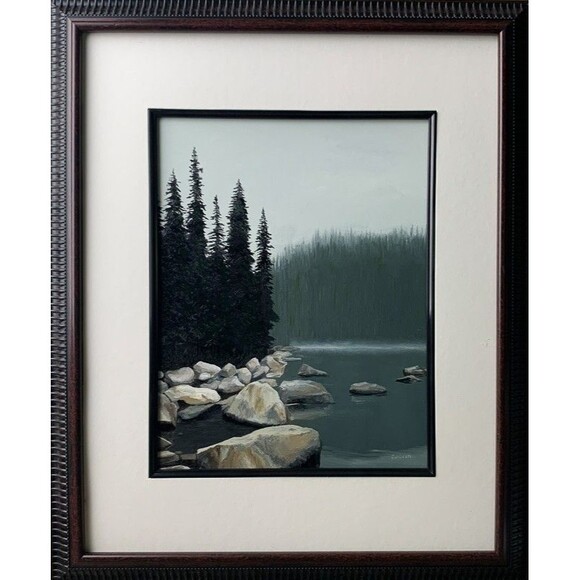 Framed Original Oil Painting Landscape Lake Pines Mist Atmospheric 19x23" Signed - Picture 1 of 8